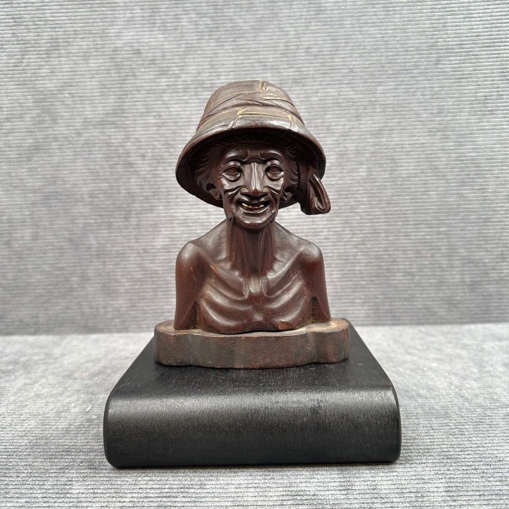 Vintage Balinese‎ Hand Carved Wood Bust Smiling Woman in Hat Folk Art Sculpture